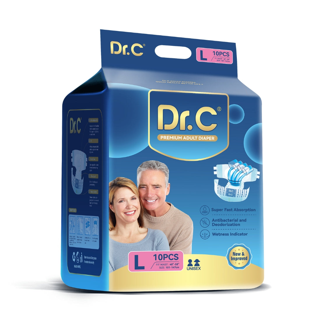 Dr.C Overnight Adult Diaper (Tape Style) 16 hrs Protection, Size - Large (101-147 cms, 40-58 Inch) Pack of 1 (10 counts) - Chennai Diapers